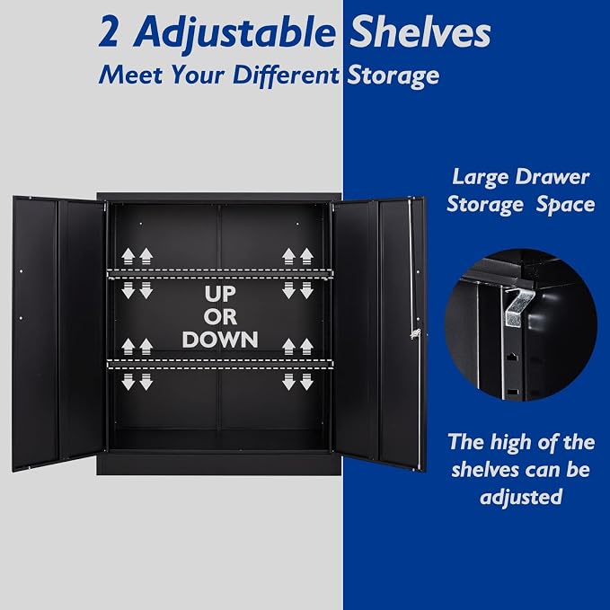 36" H Metal Garage Cabinet, 2 Doors Storage Cabinets, Steel Utility Tool Caninet, Short Locking Caninets with Adjustable Shelves, Black Lockable File Cabnet Cupboard for Home/Office/School/Shop
