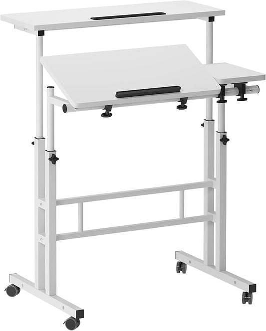 soges 31.5-inch Mobile Laptop Sit-Stand Desk, Height Adjustable Standing Tiltable Top Desk, Stand Up Computer Desk for Home Office, Small Rolling Desk for Small Space, White
