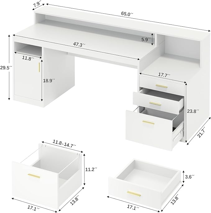 YOMILUVE Computer Desk with 3 Drawer & Storage Shelves, Home Office Desk with File Drawer & Cabinet, Writing Study Table with Long Monitor Stand & Printer Shelf, Executive Desk, White