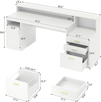 YOMILUVE Computer Desk with 3 Drawer & Storage Shelves, Home Office Desk with File Drawer & Cabinet, Writing Study Table with Long Monitor Stand & Printer Shelf, Executive Desk, White