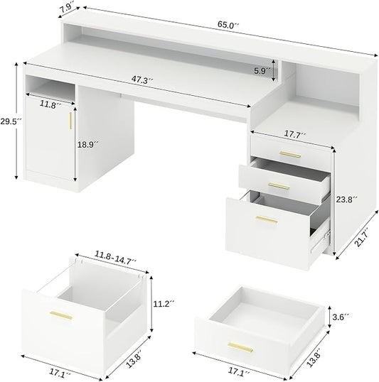 YOMILUVE Computer Desk with 3 Drawer & Storage Shelves, Home Office Desk with File Drawer & Cabinet, Writing Study Table with Long Monitor Stand & Printer Shelf, Executive Desk, White