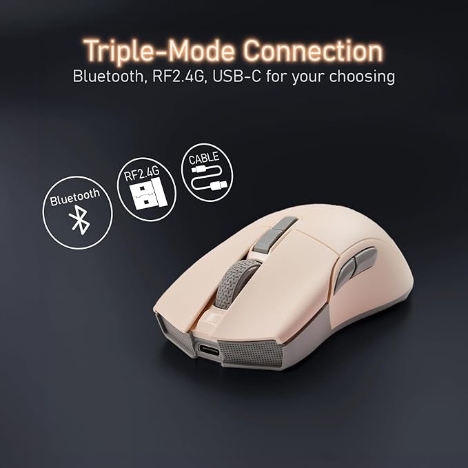 iRocks M31R Wireless Gaming Mouse, Triple Mode 2.4G/ Bluetooth/USB-C Detachable Cable Gaming Mouse, Kailh GM8.0 Switches, Advanced PixArt PAW3395 Optical Sensor, Up to 26,000 DPI - Beige