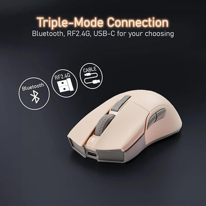 iRocks M31R Wireless Gaming Mouse, Triple Mode 2.4G/ Bluetooth/USB-C Detachable Cable Gaming Mouse, Kailh GM8.0 Switches, Advanced PixArt PAW3395 Optical Sensor, Up to 26,000 DPI - Beige