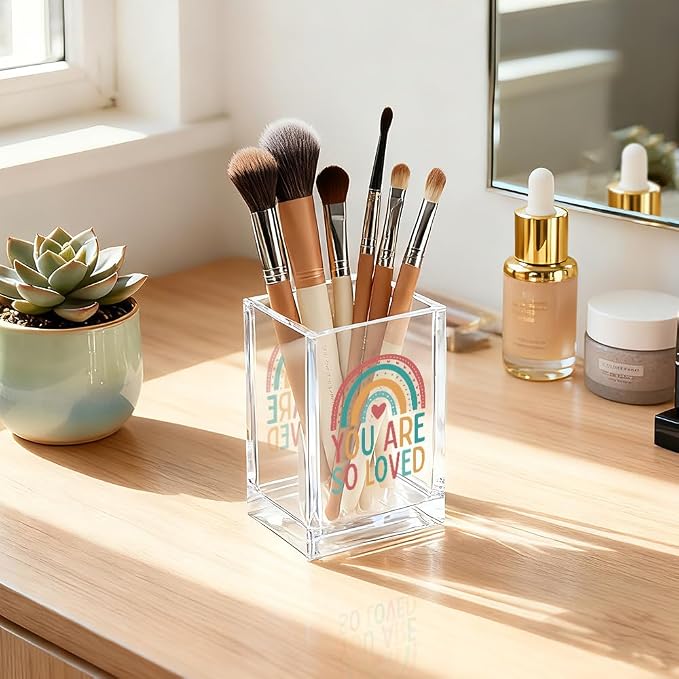 You Are So Love Acrylic Cosmetic Holder, Rainbow Heart Inspirational Quotes Desk Organizer for Home Office Library Classroom Desk, Pen Holder Gifts For Women Men Friends Daughter Son