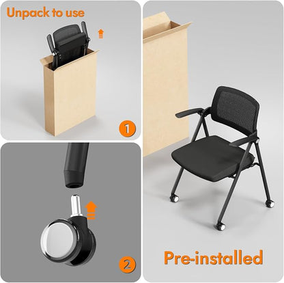 Stackable & Foldable Office Chair Set of 2, Folding Desk Chair with Flip-Up Armrest, Breathable Mesh, Thick Seat Cushion & Rocking Backrest, Conference Room Chair with Wheel (Black)