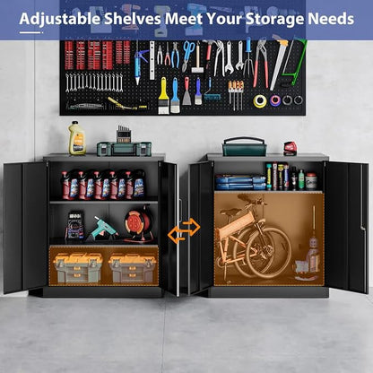 Metal Storage Cabinet, Garage Storage Cabinet with Locking Doors and Adjustable Shelves for Garage,Home,Office and School (Assembly Required，Black)