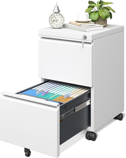 Approgreent 2 Drawer Metal File Cabinet, Fully Assembled Locking Filing Cabinet with Anti-Tipping Wheels, Quiet Slide, Heavy-Duty Steel Construction, Fits A4 Letter Legal for Home Office, Matte White
