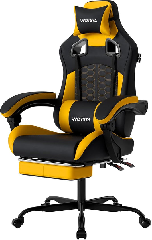 Gaming Chair with Massage,Ergonomic PC Gaming Chair with Footrest Comfortable Headrest and Lumbar Support,High Back Game Chair PVC Leather,300LBS (Sunflower Yellow)