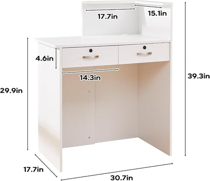 Small Reception Desk with Two Lockable Drawers,White Counter Table, Small Front Desk for Salon Lobby Office Home