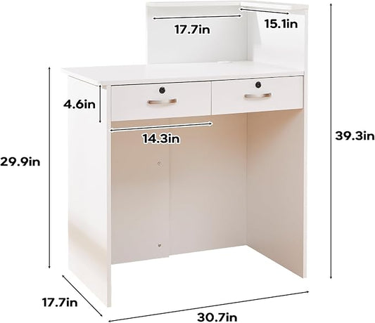 Small Reception Desk with Two Lockable Drawers,White Counter Table, Small Front Desk for Salon Lobby Office Home