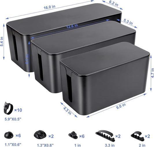 Cable Organizer Box Set of Three, Power Cover Cord Holder Surge Protector for Desk (Black)