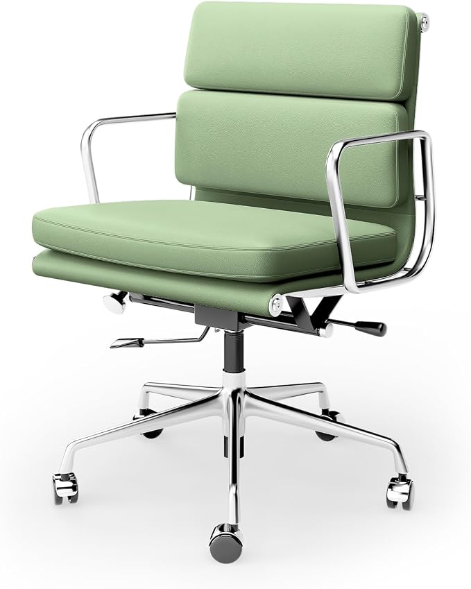 Genuine Leather Office Chair, Padded Mid Back Ergonomic Executive Desk Chair with Aluminum Arm Rest and Base, Swivel Wheels with Lumbar Support & Tilting Function, Hight Adjustable, Light Green
