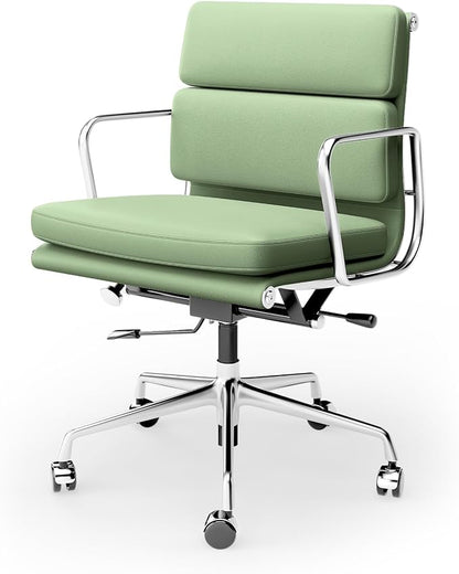 Genuine Leather Office Chair, Padded Mid Back Ergonomic Executive Desk Chair with Aluminum Arm Rest and Base, Swivel Wheels with Lumbar Support & Tilting Function, Hight Adjustable, Light Green