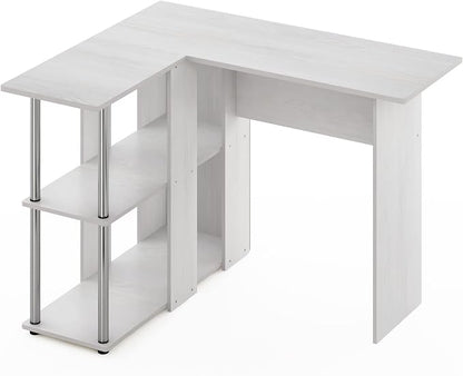 Furinno Abbott L-Shape Desk with Bookshelf, White Oak/Chrome