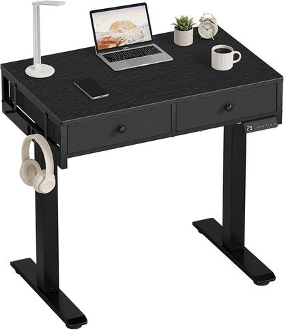 KLUVIS Black Sit Stand Desk with Drawers, 32 Inch Electric Standing Desk with Storage, Small Space Stand Up Computer Desks for Home Office Bedroom, Study Writing Desks for Walking Pad