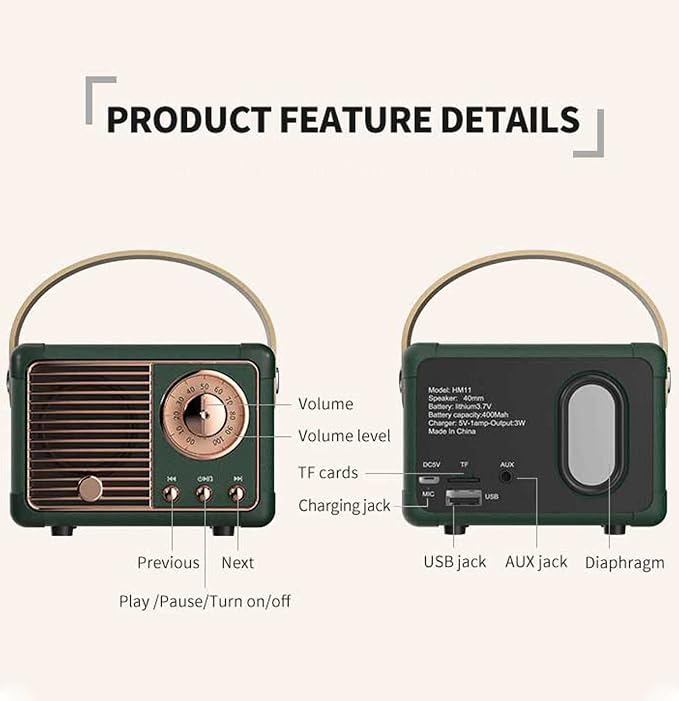 Dosmix Retro Bluetooth Speaker, Vintage Decor Mini Wireless Speaker, Cute Portable Small Speaker for Bedroom Desk Kitchen Office, Old Fashion Style Room Decor Speaker, Gift for Women Men Girls(Green)