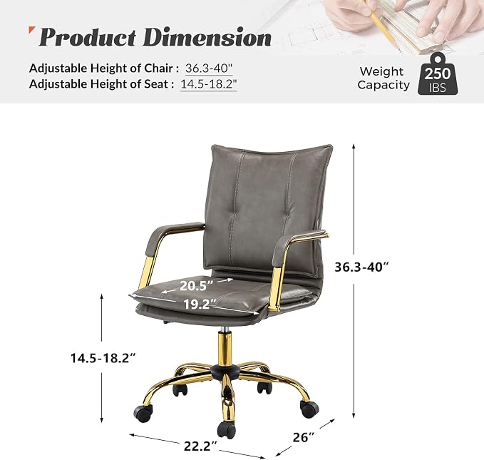 HULALA HOME Faux Leather Home Office Desk Chair, Adjustable Swivel Computer Chair with Golden Legs and Arms, Comfy Upholstered Task Chair, Grey