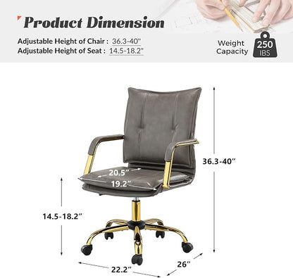 HULALA HOME Faux Leather Home Office Desk Chair, Adjustable Swivel Computer Chair with Golden Legs and Arms, Comfy Upholstered Task Chair, Grey