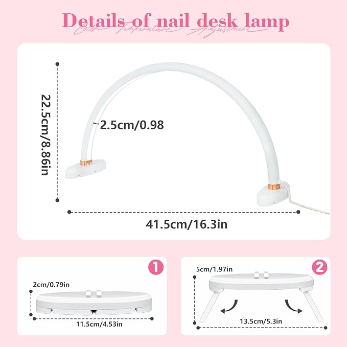 Half Moon Light for Nail Desk 16 inch Nail Desk Light Half Moon Lamp Portable Arch Lamp Dimmable with Foldable Bracket for Desk Salon Table Use, 3 Color Temperature