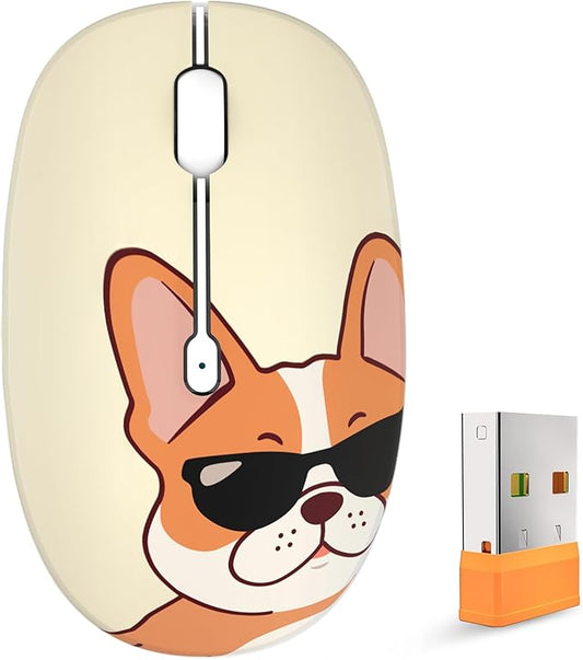 FMOUSE Cute Wireless Mouse, Bluetooth & 2.4GHz Dual Mode with USB Receiver, Silent Click, AA Battery Powered, for Kids Students Teen Girls, Compatible with Laptop Mac iPad PC (Cool French Bulldog)