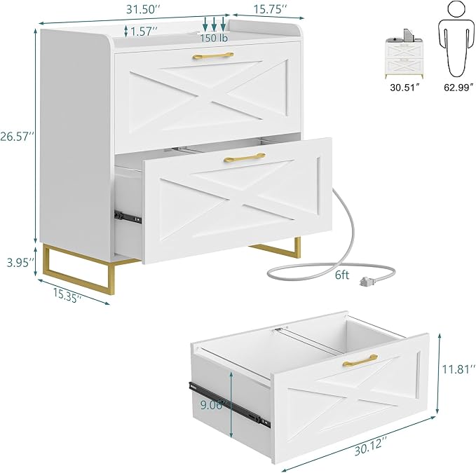 Lateral File Cabinet 2 Drawer File Cabinet with Charging Station for Legal/Letter/A4 Size Hanging Files, Modern Farmhouse Large Wood File Storage Cabinet for Home Office Furniture(White and Gold)