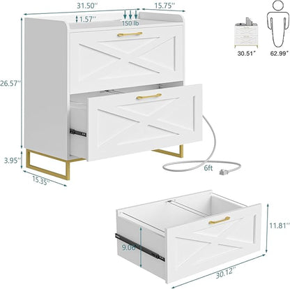 Lateral File Cabinet 2 Drawer File Cabinet with Charging Station for Legal/Letter/A4 Size Hanging Files, Modern Farmhouse Large Wood File Storage Cabinet for Home Office Furniture(White and Gold)