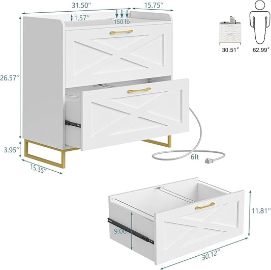 Lateral File Cabinet 2 Drawer File Cabinet with Charging Station for Legal/Letter/A4 Size Hanging Files, Modern Farmhouse Large Wood File Storage Cabinet for Home Office Furniture(White and Gold)