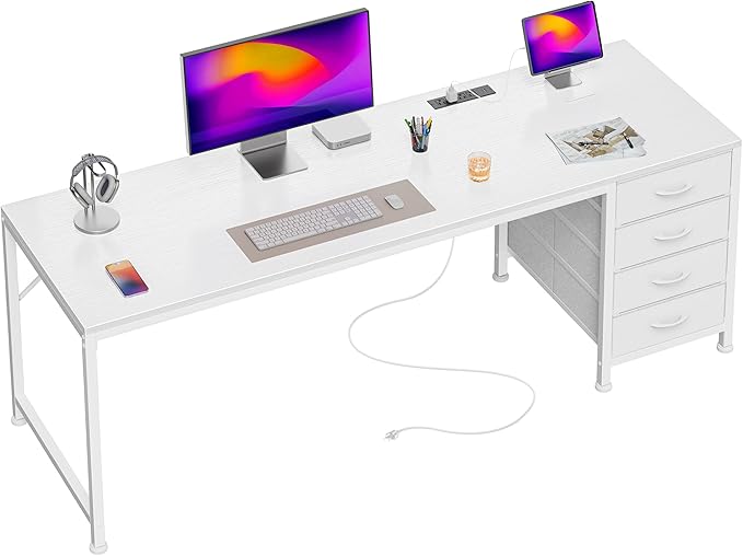 PRAISUN 63 Inch Computer Office Desk with Power Outelts and USB-C Port, Reversible Gaming Desk with 4 Fabric Drawers, Work Study Desk Work from Home, White