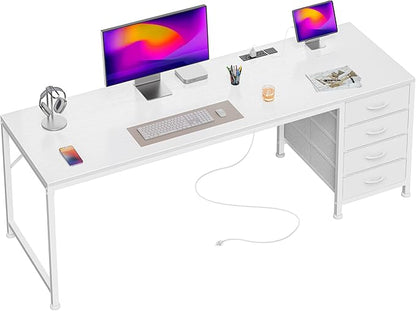PRAISUN 63 Inch Computer Office Desk with Power Outelts and USB-C Port, Reversible Gaming Desk with 4 Fabric Drawers, Work Study Desk Work from Home, White