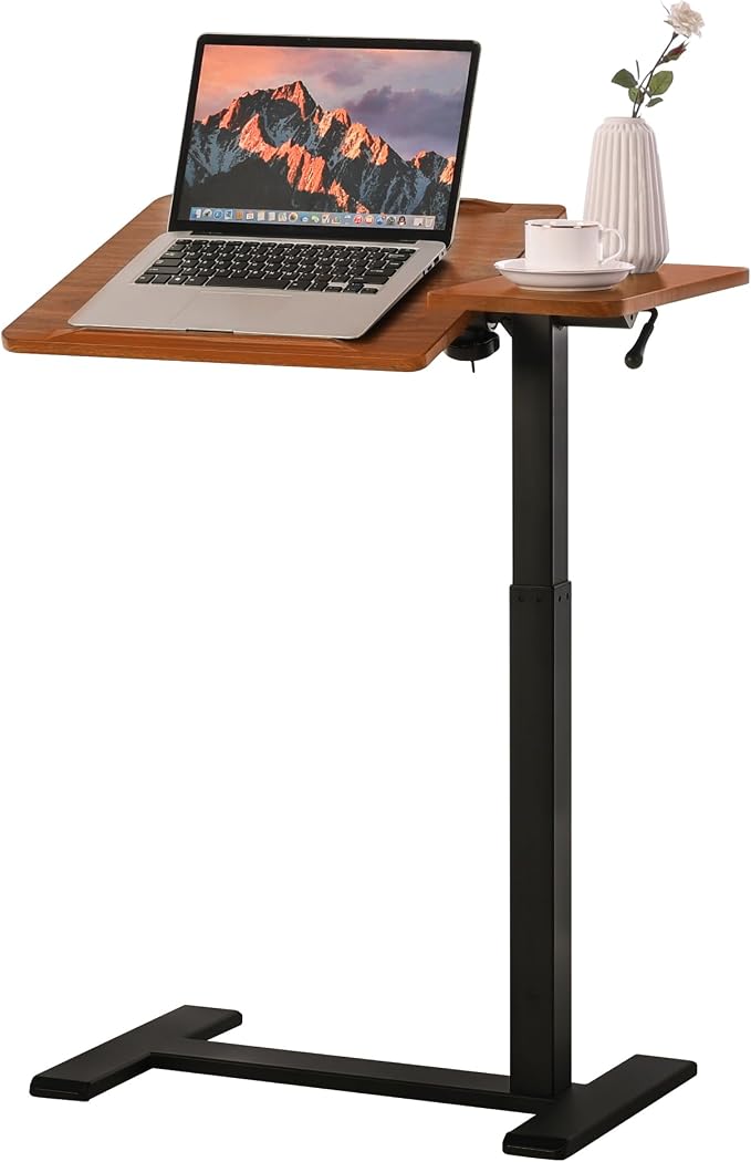 Adjustable Overbed Bedside Table with Hidden Wheels, Pneumatic Tilt Board Rolling Laptop Standing Desk Cart, Mobile Over Bed Sofa Chair Side End Tables, Walnut (Walnut)