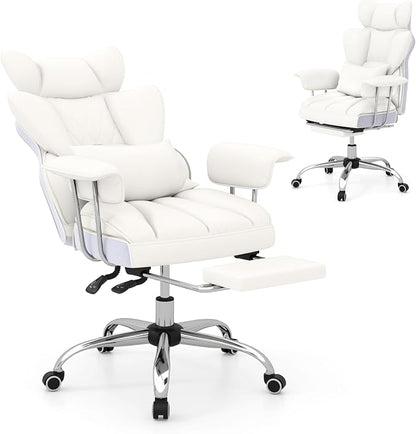 Giantex Office Desk Chair, Big and Tall Executive Office Chair with Foot Rest and Lumbar Support, High Back Leather Swivel Computer Task Chair, Large Ergonomic Reclining Home Office Chair, White