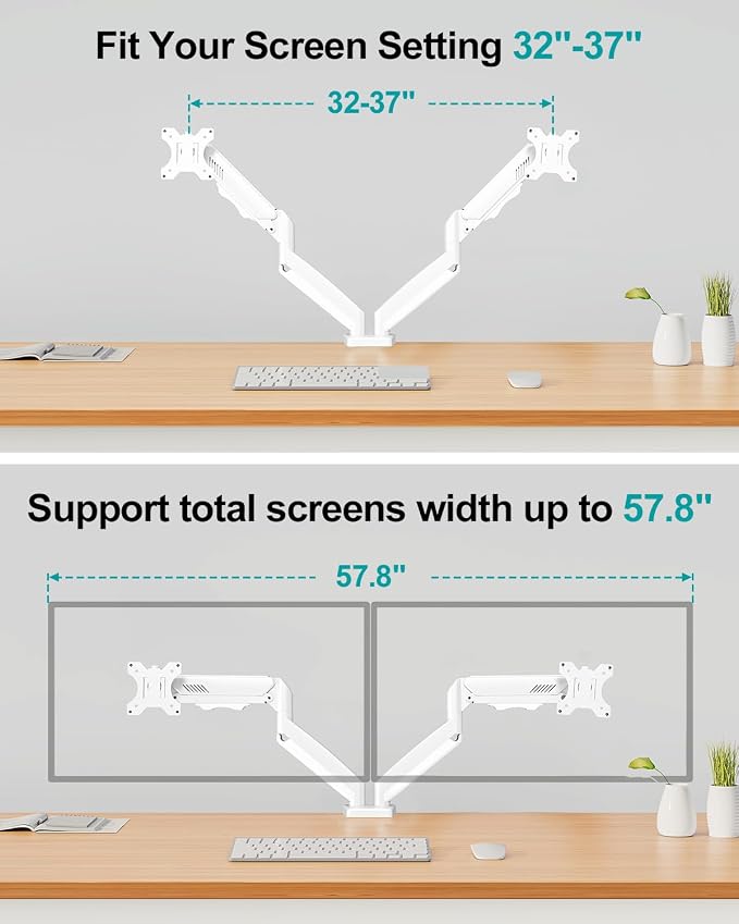 Dual Monitor Arm Desk Mount Fits 13 to 32 inch Computer Screens, Holds 4.4 to 19.8lbs Display VESA Mount, Adjustable Double Monitor Stand with Clamp/Grommet Base, 75/100mm Bracket, White, Freelift