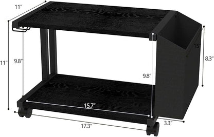VEDECASA 2 Tier Black Printer Stand with Storage Bag for Home Office Desktop Printer Table Underdesk Organizer Mobile Printer Shelf with Caster Wheel (Black)