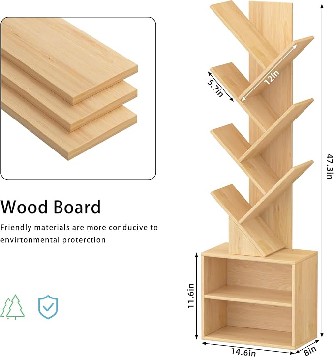 SHEEPAM 10 Tier Tree Bookshelf,Christmas Green Bookcase for Narrow Space, Storage Organizer Floor Standing Bookshelves for Books, Tall Book Case for Home Office, Living Room, Bedroom