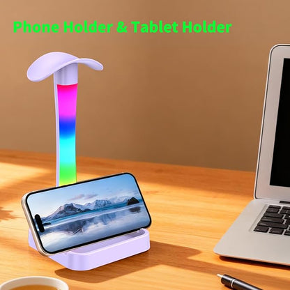 Headphone Stand with Charger,Gaming Headset stand with RGB Light Mode,For Airpod Max Stand,Desk Lamp,Phone Holder,Tablet Holder,desktop organizer,Gifts for Gamers & Music Lover (Purple)