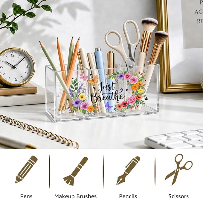 Just Breathe Acrylic Pen Holder Organizer with 3 Compartments, Colorful Floral & Butterfly Design, Desk Organizer for Pens, Makeup, Office Supplies, Cute Desk Accessories for Women Girls