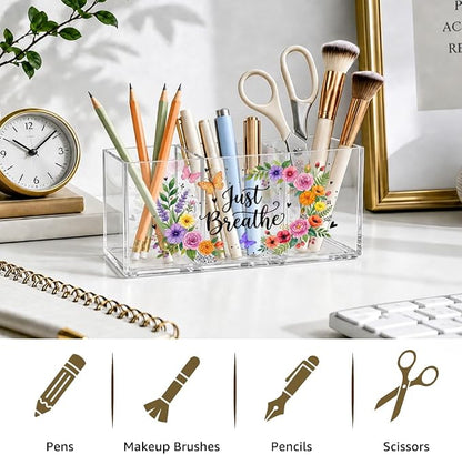 Just Breathe Acrylic Pen Holder Organizer with 3 Compartments, Colorful Floral & Butterfly Design, Desk Organizer for Pens, Makeup, Office Supplies, Cute Desk Accessories for Women Girls
