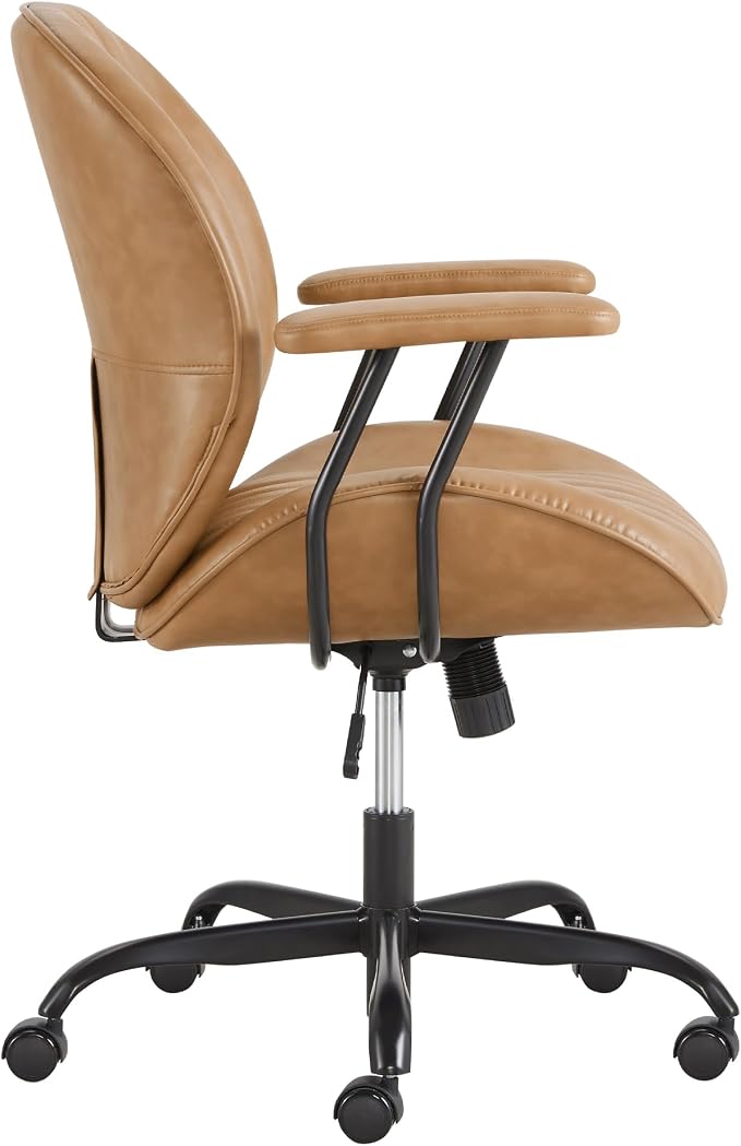 KISLOT Ergonomic Home Office Chair with Removable Arms, Adjustable Swivel Desk Chair with Wheels, Modern Faux Leather Computer Chair with Lumbar Support, Camel Brown