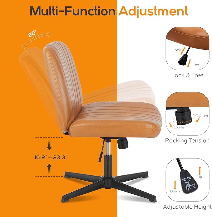 DUMOS Criss Cross Chair No Wheel Legged Office Wide Comfy Desk Vanity Chair, Armless Computer Task Seating PU Leather, Swivel Home Height Adjustable for Bedroom, Study, Brown No Wheel