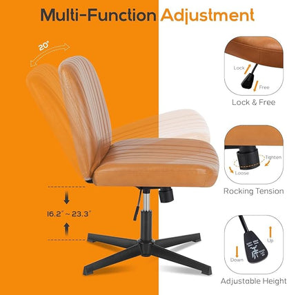 DUMOS Criss Cross Chair No Wheel Legged Office Wide Comfy Desk Vanity Chair, Armless Computer Task Seating PU Leather, Swivel Home Height Adjustable for Bedroom, Study, Brown No Wheel