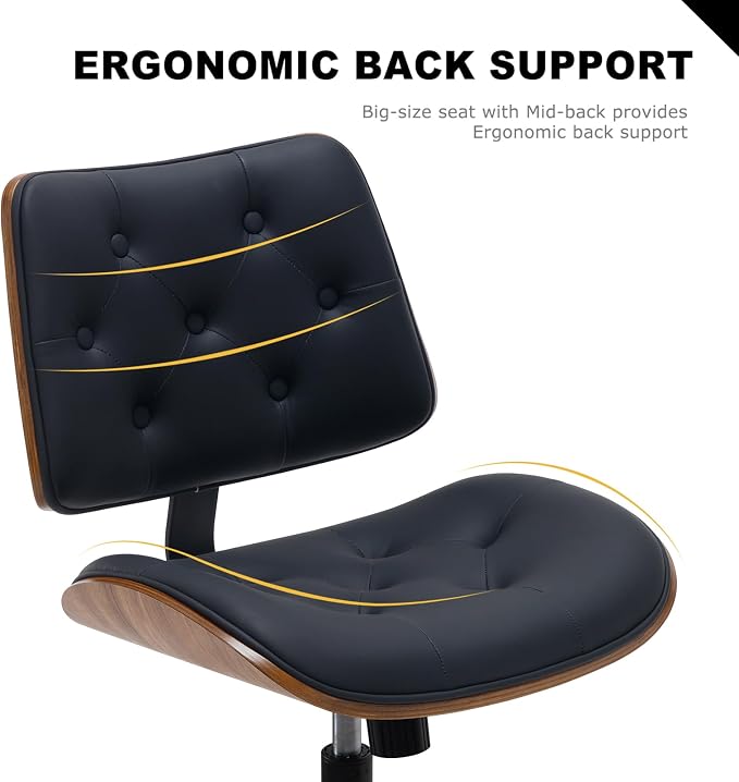 BV Armless Desk Chair with Wheels, 360 Swivel Home Office Chair No Arms, Height Adjustable Task Chair for Small Space, PU Leather Office Chair, Rolling Chair for Reading Room, Conference Room, Black