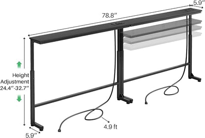 Kitstorack Narrow Sofa Table with Charging Station, 78.8" Behind Couch Table, Adjustable 24.4"-32.7" Height, Modular 2-piece Design for sectionals, entryways, Apartments, and Narrow Living Spaces