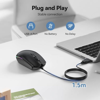 TECKNET Wired Mouse - USB Corded Mouse with RGB Backlit Full Size Optical Silent Mouse with Side Buttons,LED Plug and Play Wired Connection Office Mice for Desktop,PC,Laptop