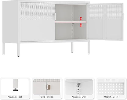 Metal Storage Cabinet,2 Door TV Stand, Metal Mesh Accent Cabinet,Magnetic Door Closure,Low Storage Cabinets with Doors and Shelf for Home,Office,Living Room