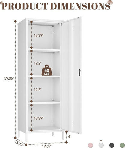 Metal Locker Cabinet, White Kitchen Pantry Storage Cabinet 59" Garage Steel Tool File Cabinets with Doors and Adjustable Shelves for Office,Garage