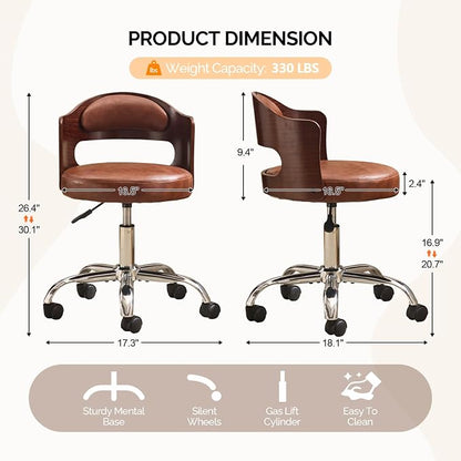 VINGLI Armless Home Office Desk Chair, Adjustable Swivel Chair,Dual-Use with/no Wheels,Small Retro Designed Walnut Curved Task Chair,Cushioned Nail Tech Chair for Study Area,Workspace,PU,Brown