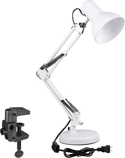 TORCHSTAR Metal Desk Lamp, Adjustable Swing Arm, E26, White | Architect Gooseneck Multi-Joint Clip Table Lamp with Plastic Clamp, for Home Office, Work, Study, Reading, Bulbs not Included
