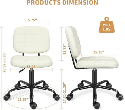 ERGOSEAT Armless Office Chair with Wheels, Small Desk Drafting Chair for Small Space, PU Leather Computer Task Chair, Height Adjustable Rolling Chair, Compact Chair for Home Office, Dorm, Vanity,White