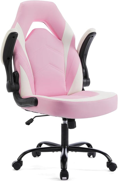 Sweetcrispy Computer Video Game Desk Chair: Ergonomic Comfy Lumbar Support, PU Leather with Flip-up Armrest, Height Adjustable and 360° Swivel, for Adults, Pink