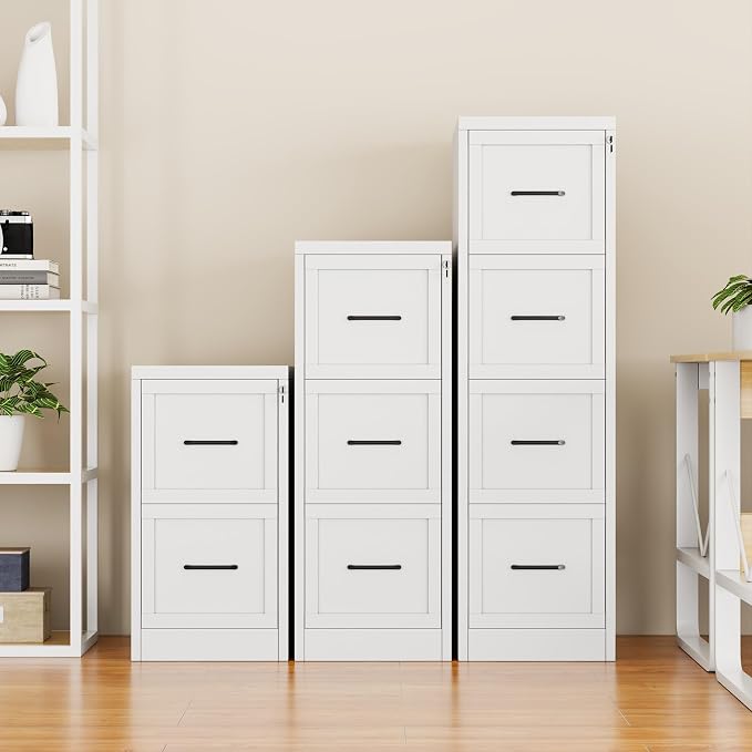 Small Metal 4-Drawer File Cabinet, Under-Desk Filing Cabinet, White | Locking, Adjustable Hanging Rail, Fit A4, FC, Letter, Hanging File Folders for Home Office Storage Organization, 1PS